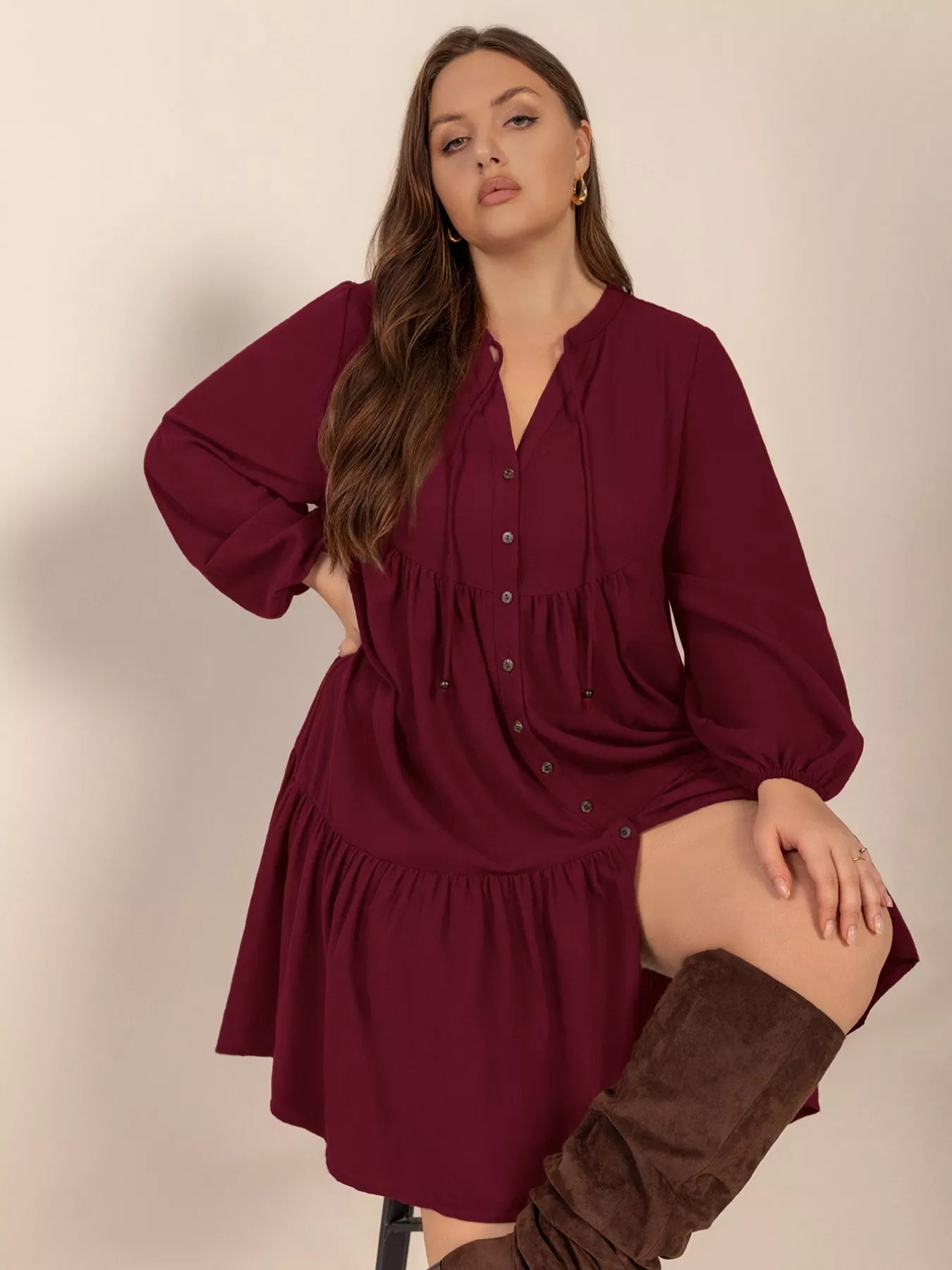 Plus Size Button Front Balloon Sleeve Dress - Glamourous Grace