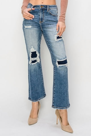 Risen Distressed Ankle Flare Blue Washed Denim Jeans
