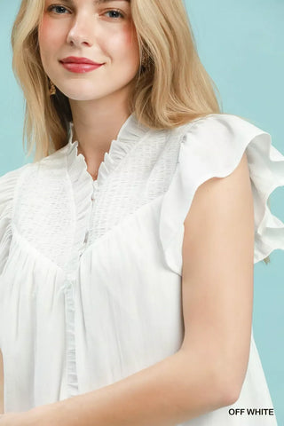 Umgee Smocked Yoke Ruffle Sleeve Blouse - Glamourous Grace