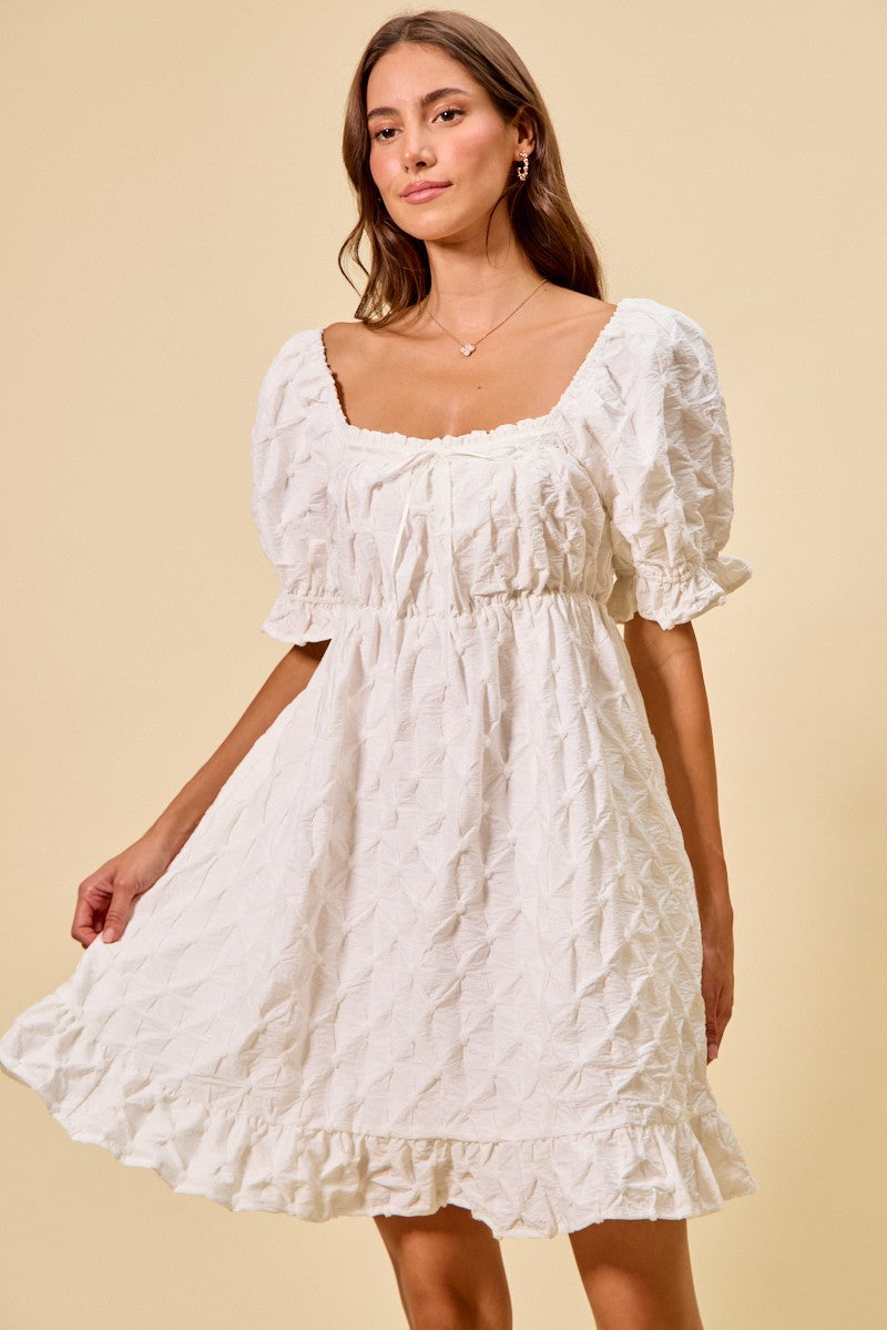 SO ME Texture Woven Ruching On Bust Mini Dress in White - Glamourous Grace