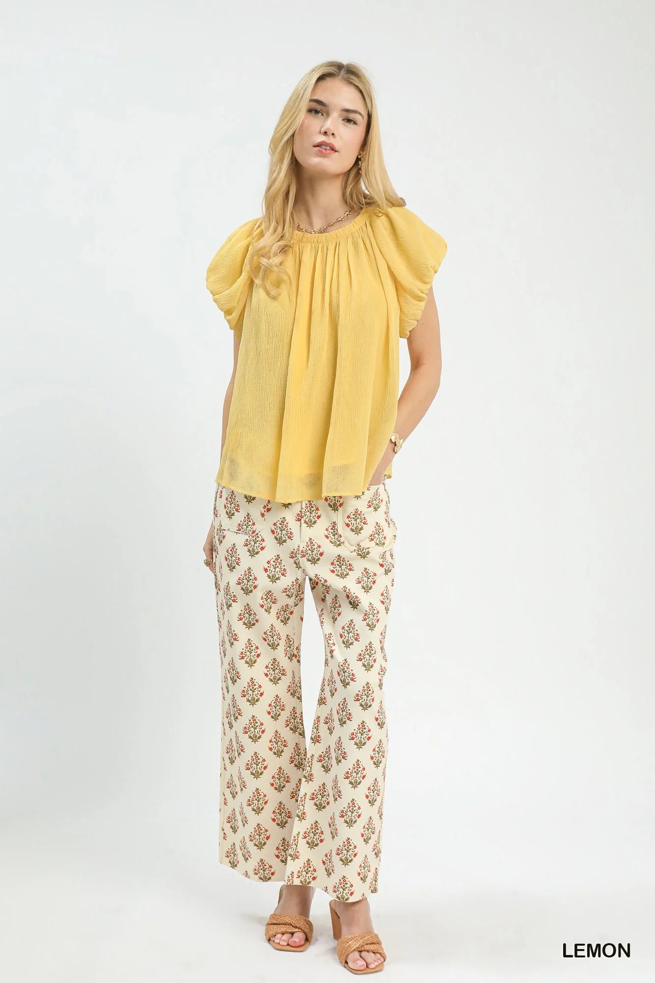 Umgee Crinkle Flutter Sleeve Peasant Top in Lemon - Glamourous Grace