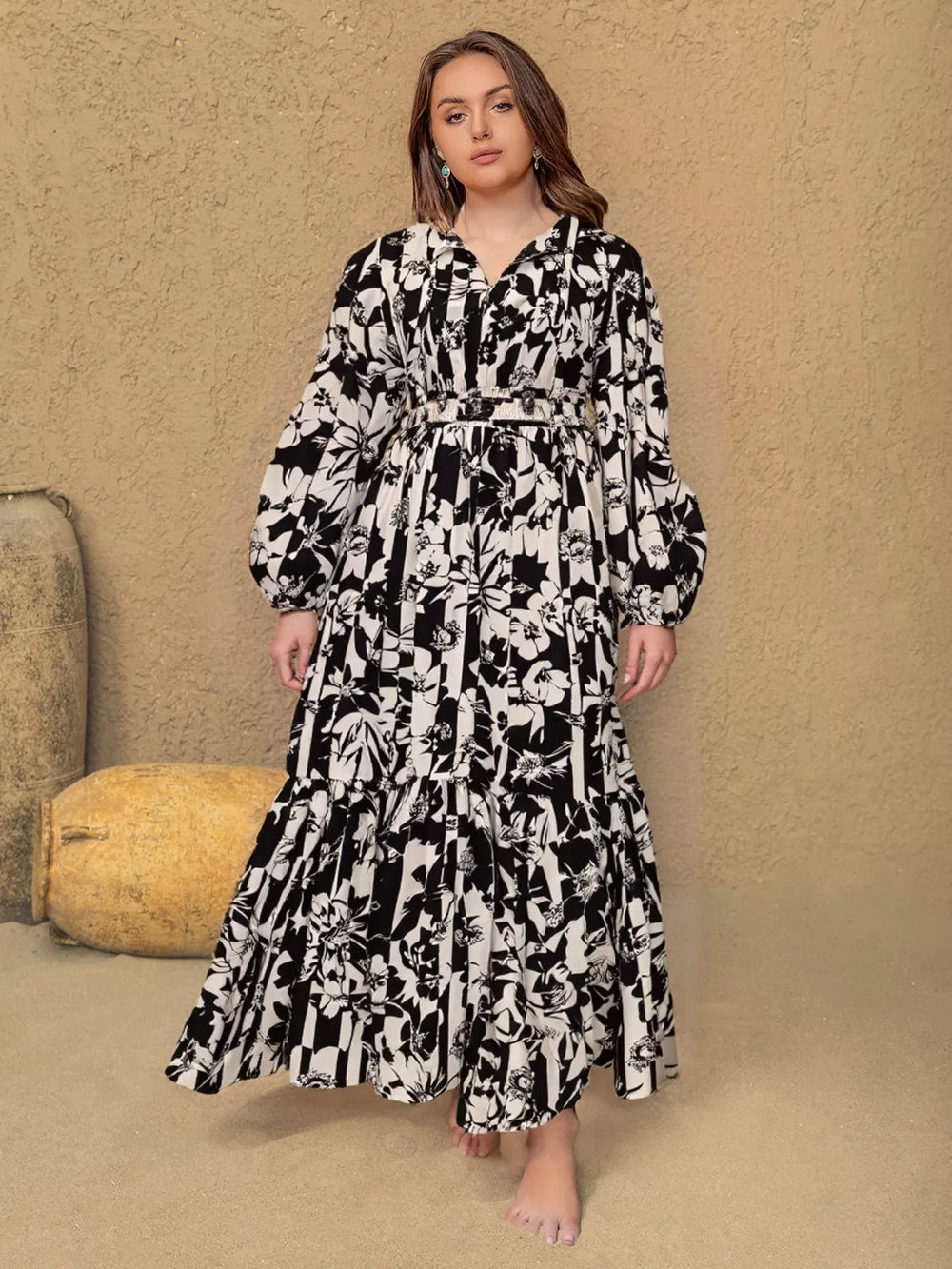 Plus Size Floral Print Balloon Sleeve Maxi Dress - Glamourous Grace