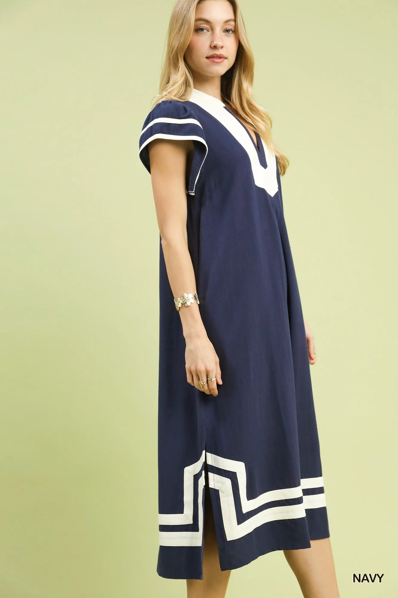 Umgee Linen Cotton Contrast Neckline Midi Dress in Navy - Glamourous Grace