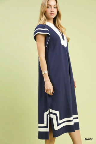 Umgee Linen Cotton Contrast Neckline Midi Dress in Navy - Glamourous Grace