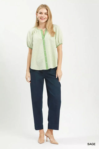 Umgee Checker Puff Sleeve Button Front Blouse - Glamourous Grace