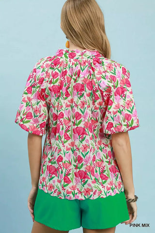 Umgee Floral Puff Sleeve Blouse with Scalloped Details - Glamourous Grace