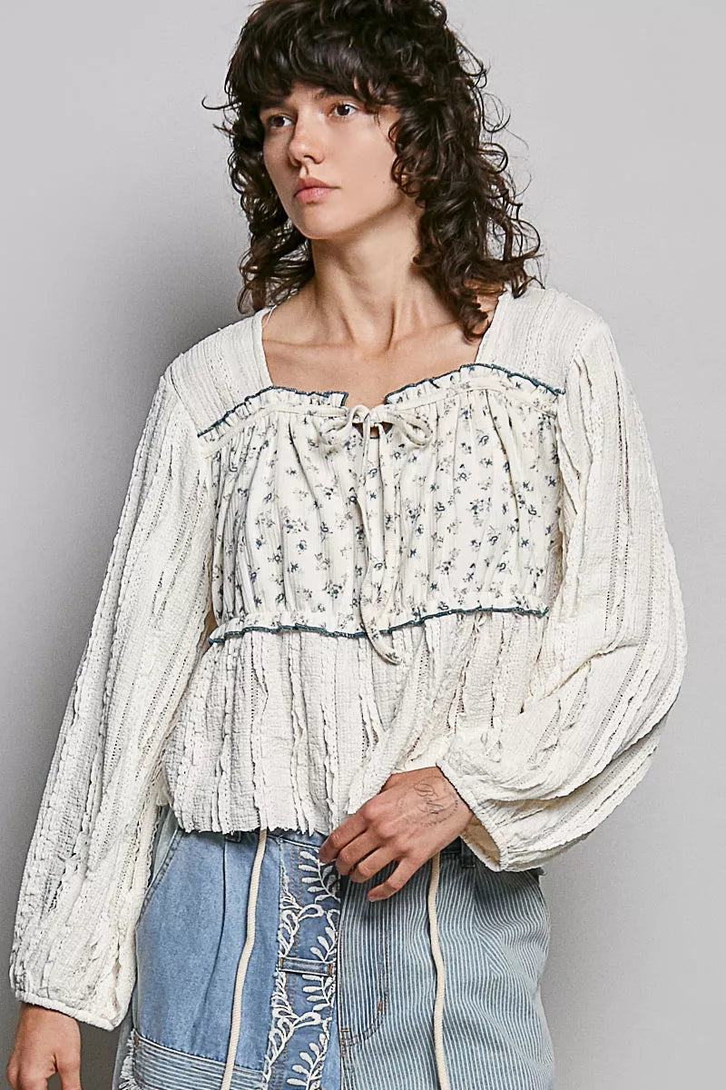 POL Square Neck Lace Long Balloon Sleeve Top - Glamourous Grace