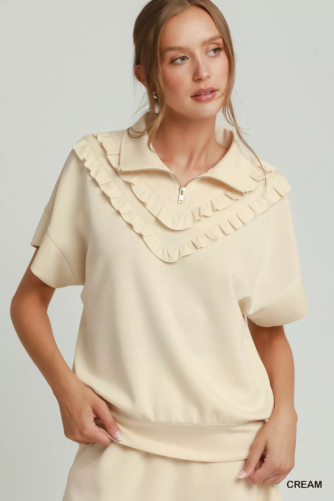 Umgee Ruffle Quarter Zip Short Sleeve Top - Glamourous Grace