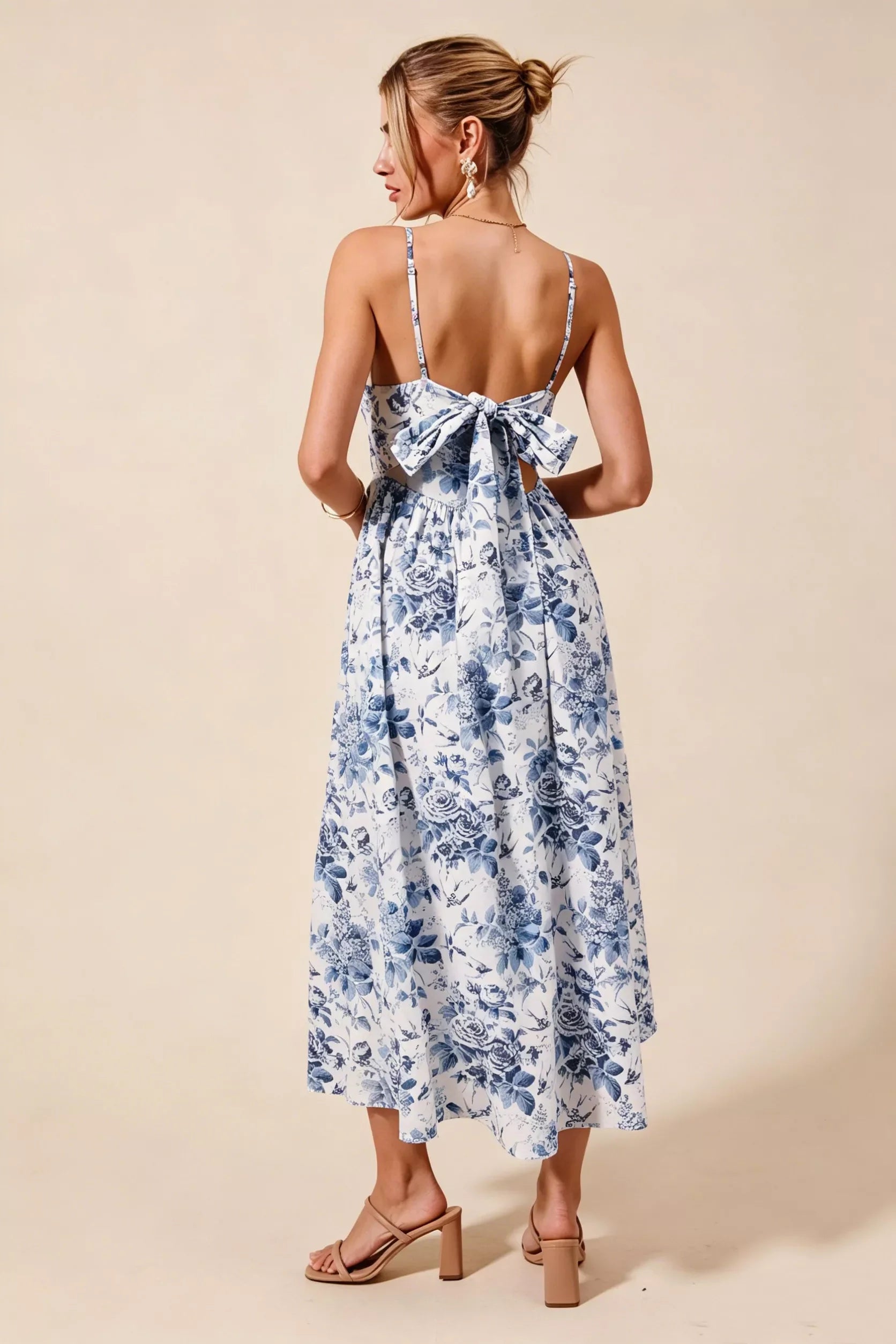 SO ME Floral Woven V Neck Dress With Back Ribbon Tie - Glamourous Grace