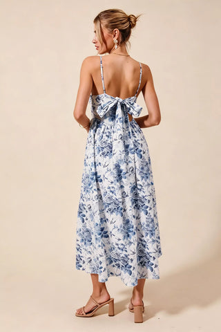 SO ME Floral Woven V Neck Dress With Back Ribbon Tie - Glamourous Grace