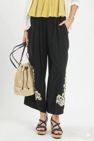 Umgee Linen Embroidered Wide-Leg Boho Pants - Glamourous Grace