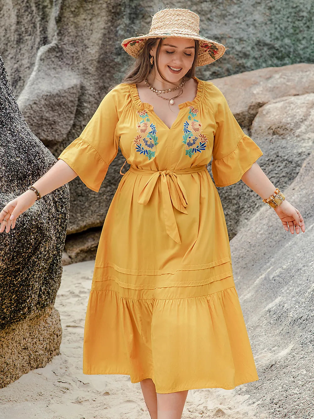 Plus Size Notched Tie Waist Half Sleeve Midi Dress - Glamourous Grace