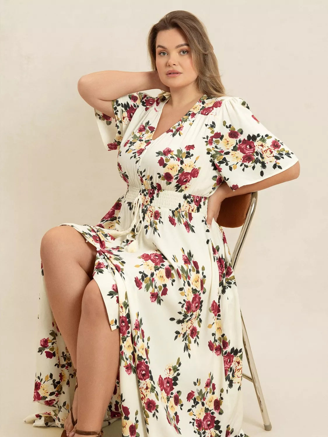 Plus Size Floral Flutter Sleeve Maxi Dress with Button Front - Glamourous Grace