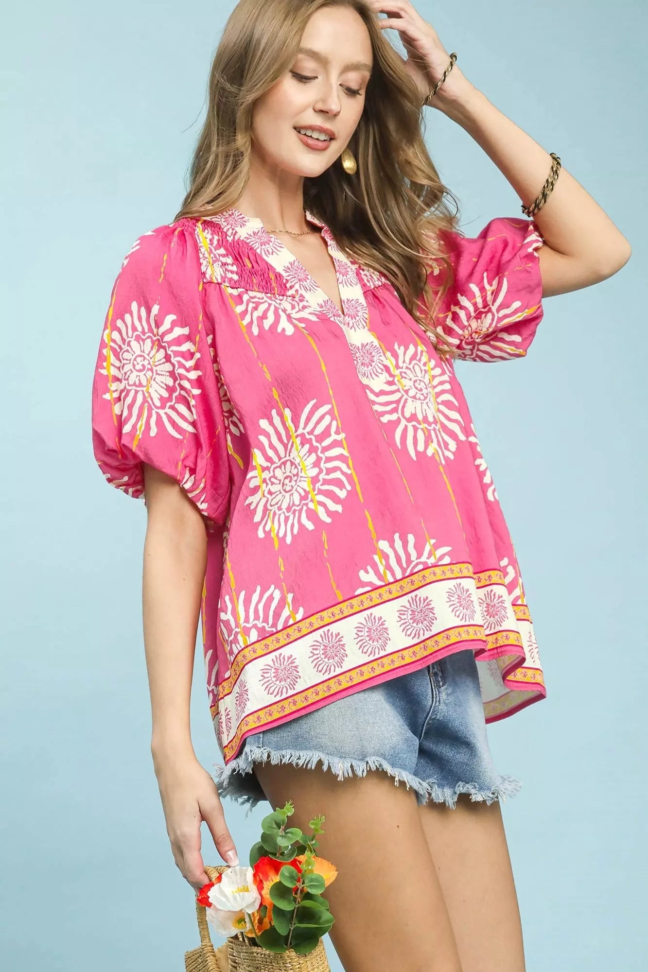 Umgee Floral Border Smocked V-Neck Boho Blouse - Glamourous Grace