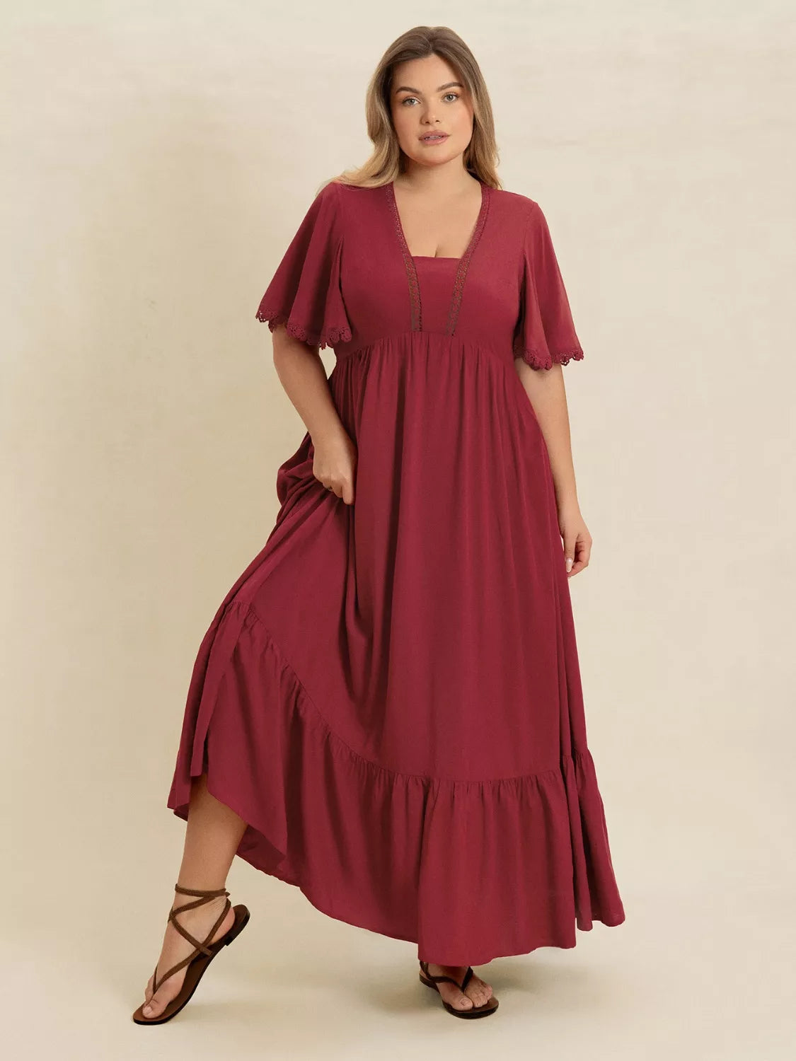 Plus Size Lace Detail Flutter Sleeve Maxi Dress - Glamourous Grace