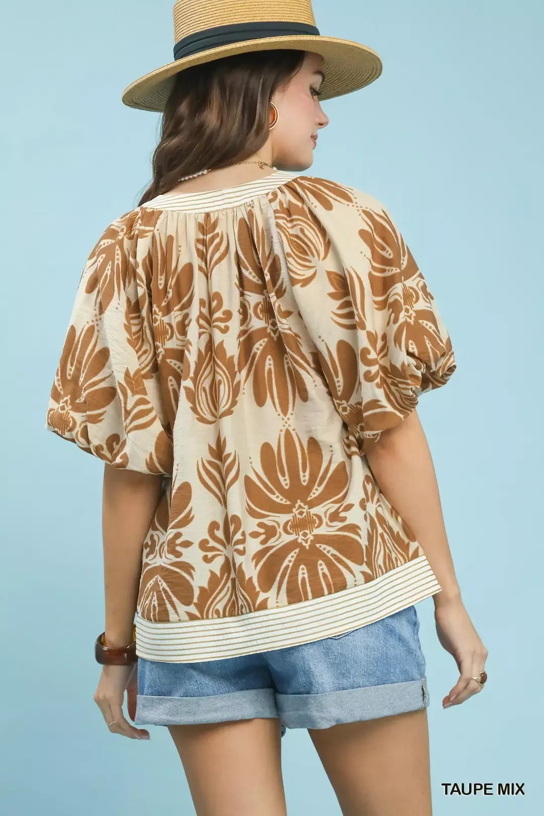 Umgee Mix Printed Puff Sleeve Top with Contrast Trim - Glamourous Grace