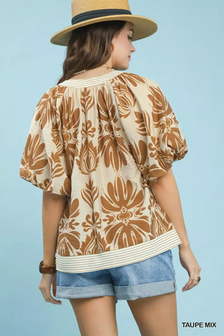 Umgee Mix Printed Puff Sleeve Top with Contrast Trim - Glamourous Grace