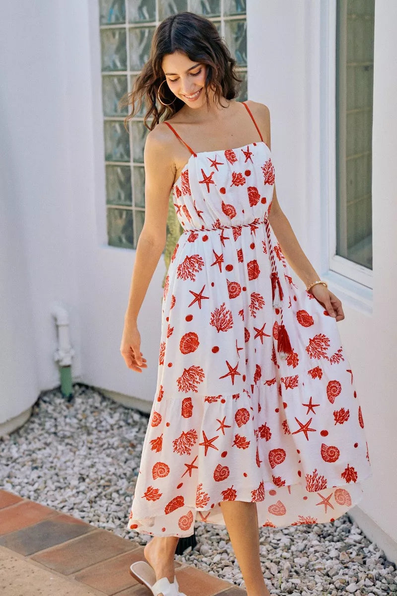 SO ME Shell Print Tiered Lined Midi Cami Dress With Belt - Glamourous Grace