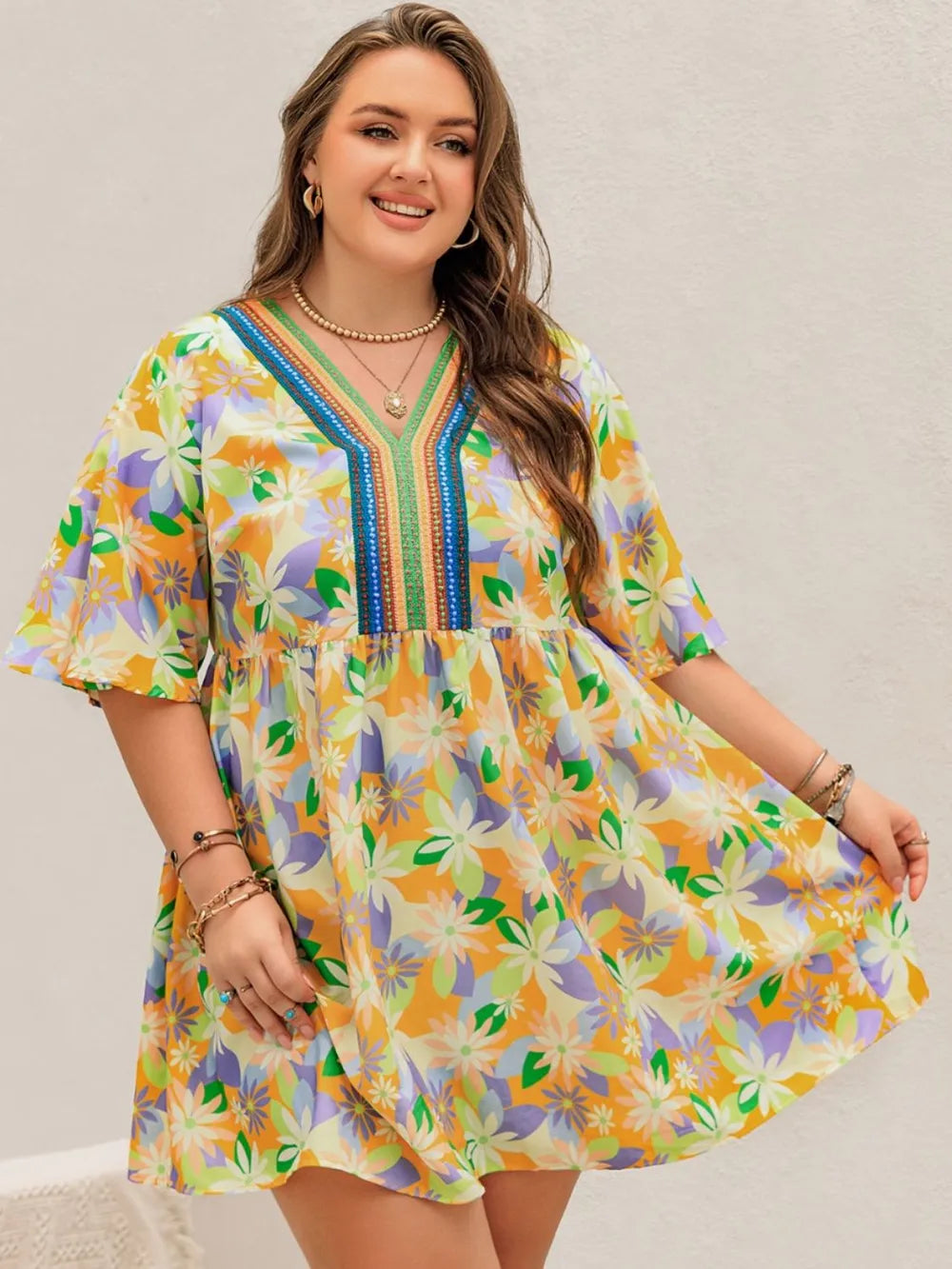 Plus Size Printed V-Neck Half Sleeve Mini Dress - Glamourous Grace