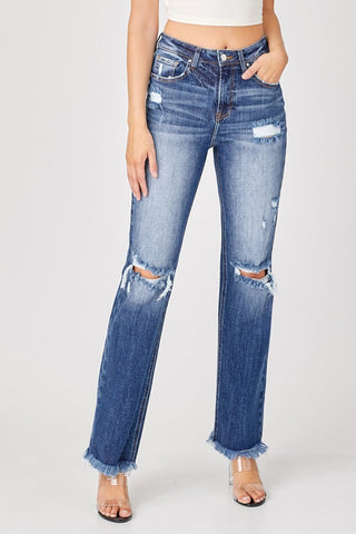Risen Raw Hem Distressed Denim Straight Leg Jeans