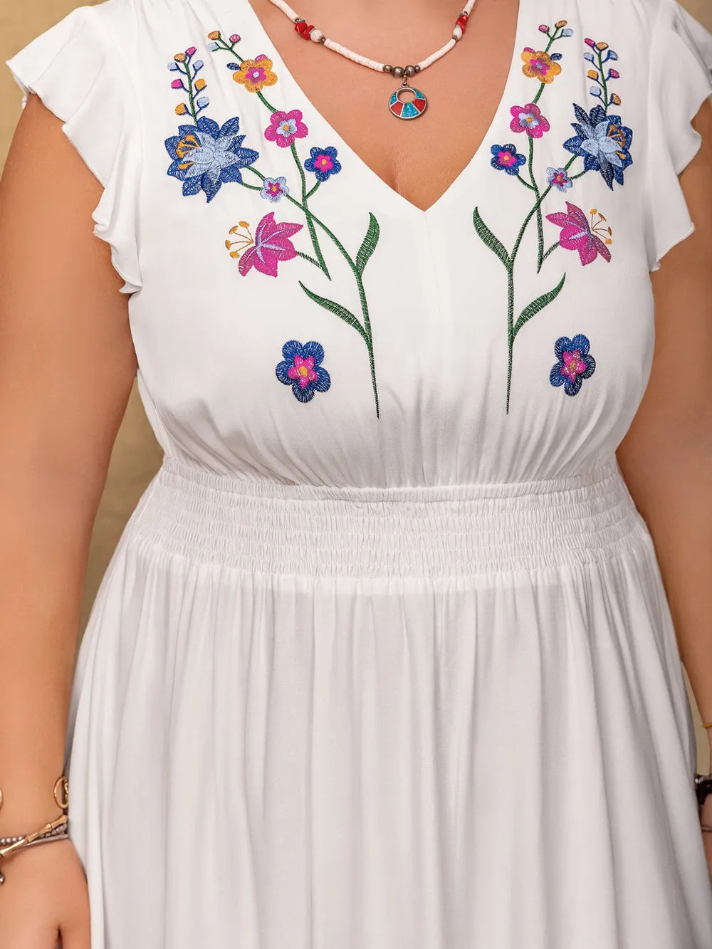 Plus Size Embroidered Floral V-Neck Cap Sleeve Maxi Dress - Glamourous Grace