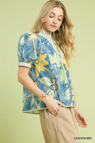 Umgee Mixed Abstract Print Puff Sleeve Blouse - Glamourous Grace