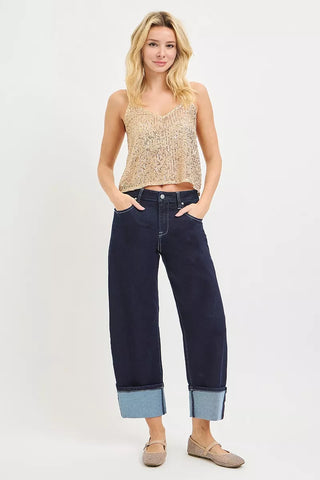 RISEN Slouchy Crop Barrel Cuffed Hem Jeans