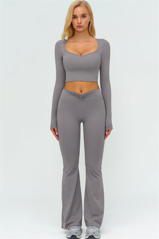 The Lushness Long Sleeve Crop Top Flared Leggings 2-Piece Set