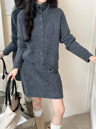 Women 2026 Fall Winter New Arrival, Vintage Button Stand Collar Cardigan Sweater, Loose Casual Knit Midi Skirt 2-Piece Outfit Set