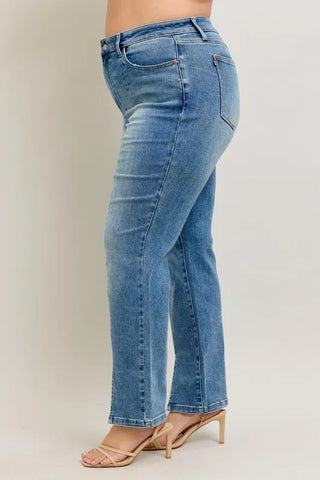 Judy Blue High Waist Vintage Wash Front Seam Slit Straight Leg Denim Jeans