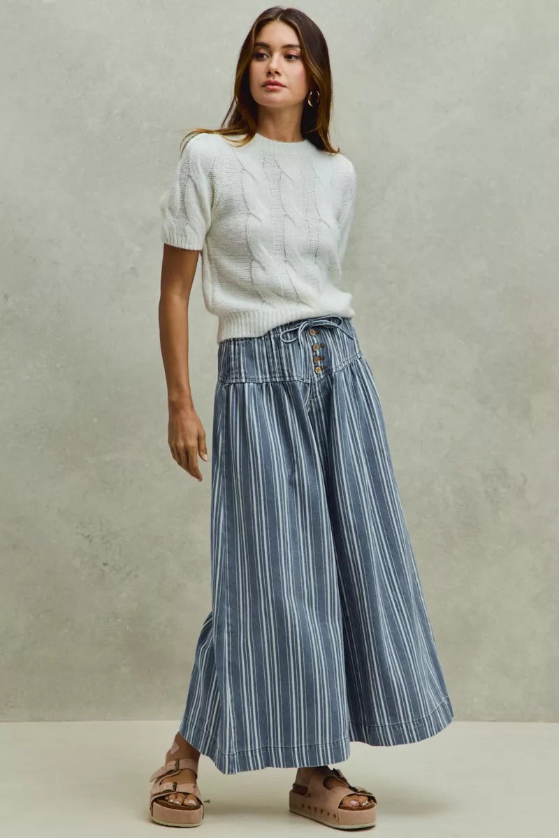 SO ME Mid Rise Stripe Denim Washed Pleat Wide Leg Pants - Glamourous Grace