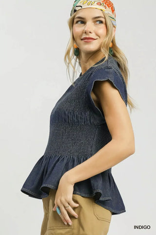 Umgee Smocked Peplum Top with Scalloped Ruffle Cap Sleeves - Glamourous Grace