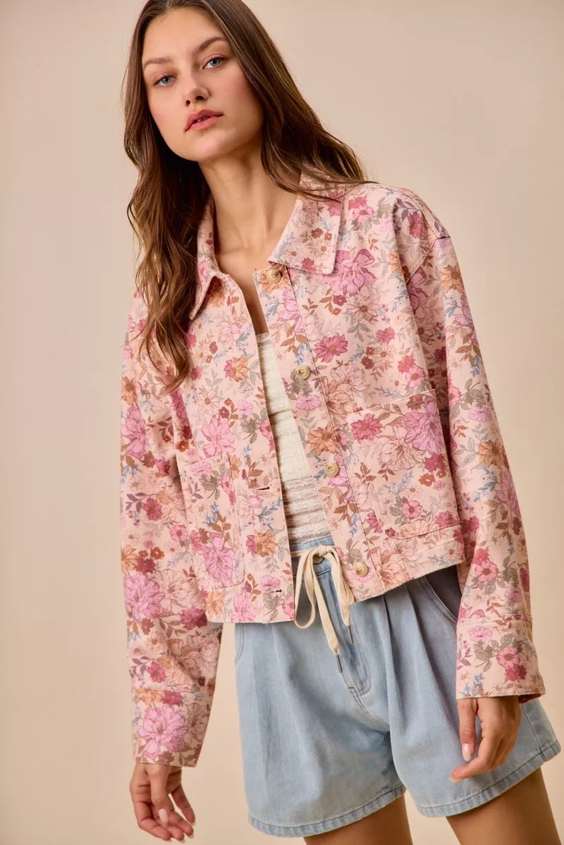 SO ME Floral Print Cotton Twill Button Down Barn Jacket - Glamourous Grace