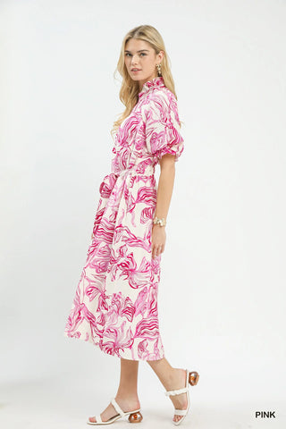 Umgee Abstract Print Smocked Tie Waist Midi Dress - Glamourous Grace