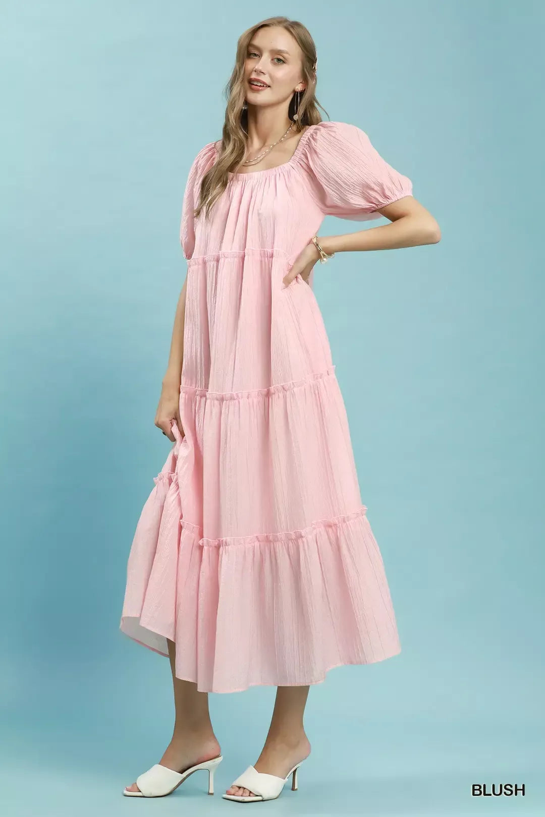 Umgee Textured Tiered Midi Dress in Blush - Glamourous Grace