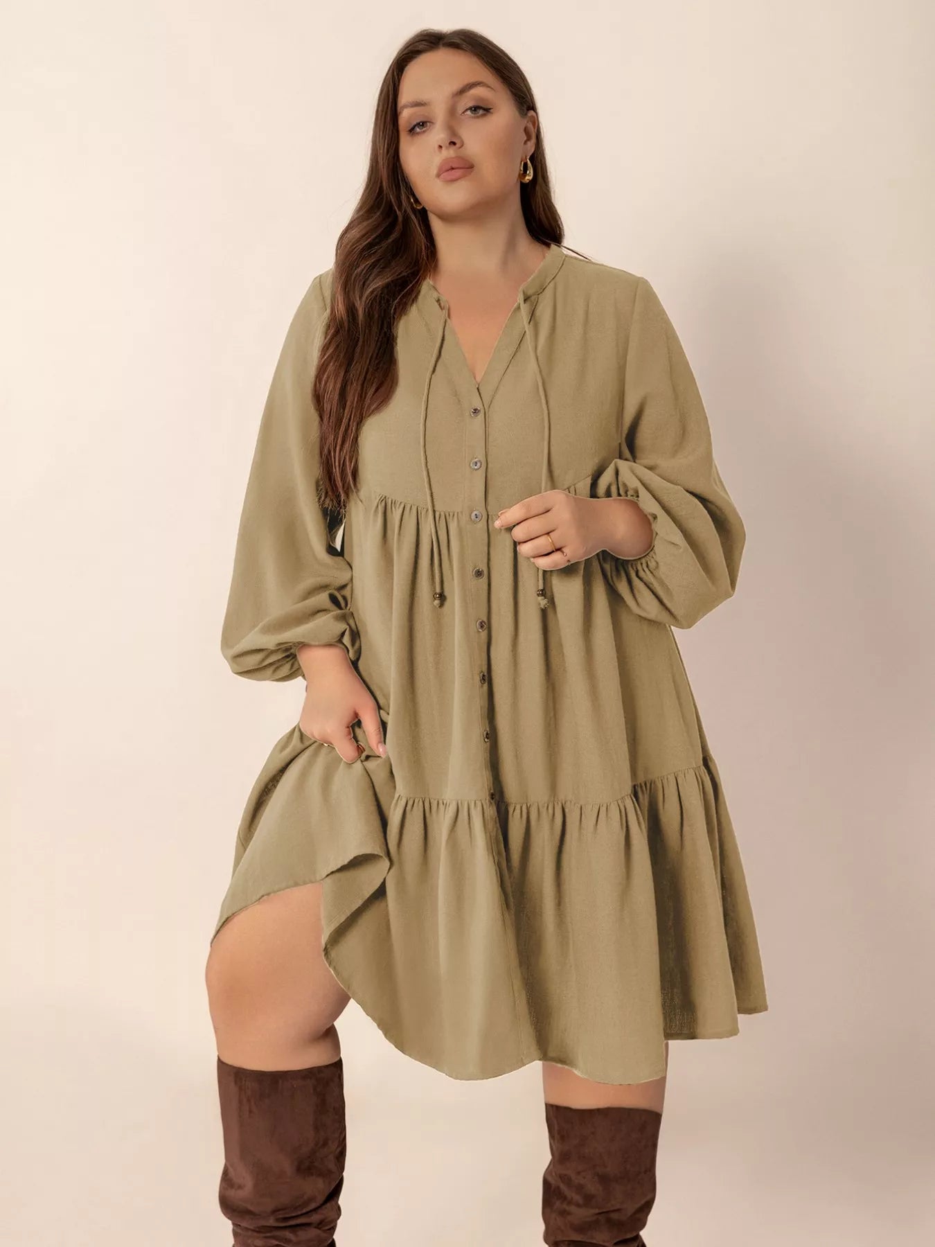 Plus Size Tie Neck Balloon Sleeve Dress - Glamourous Grace