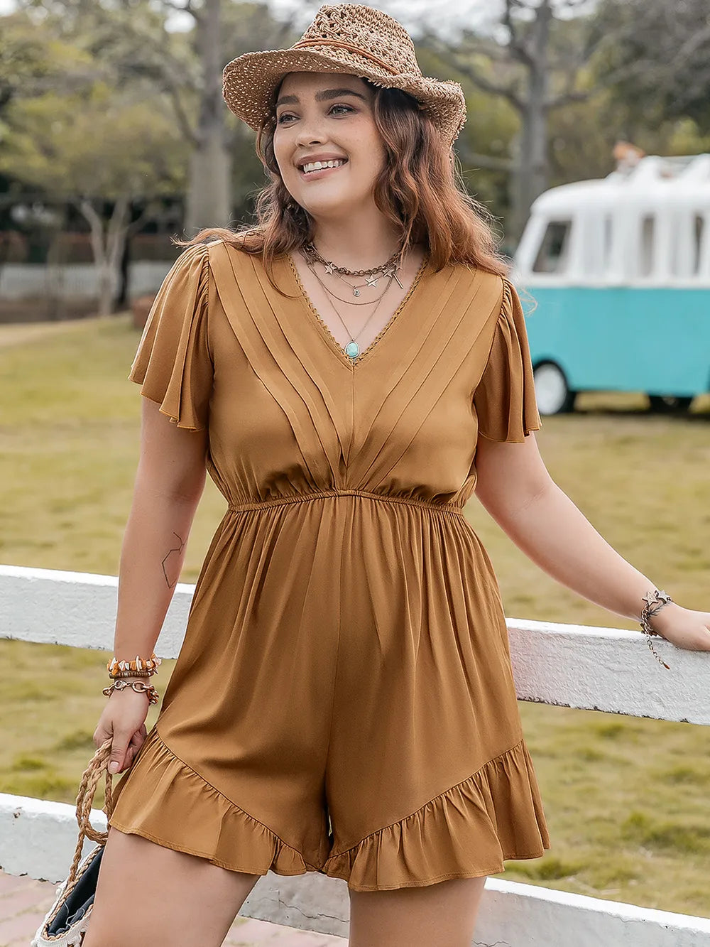Plus Size Ruffled V-Neck Short Sleeve Romper - Glamourous Grace