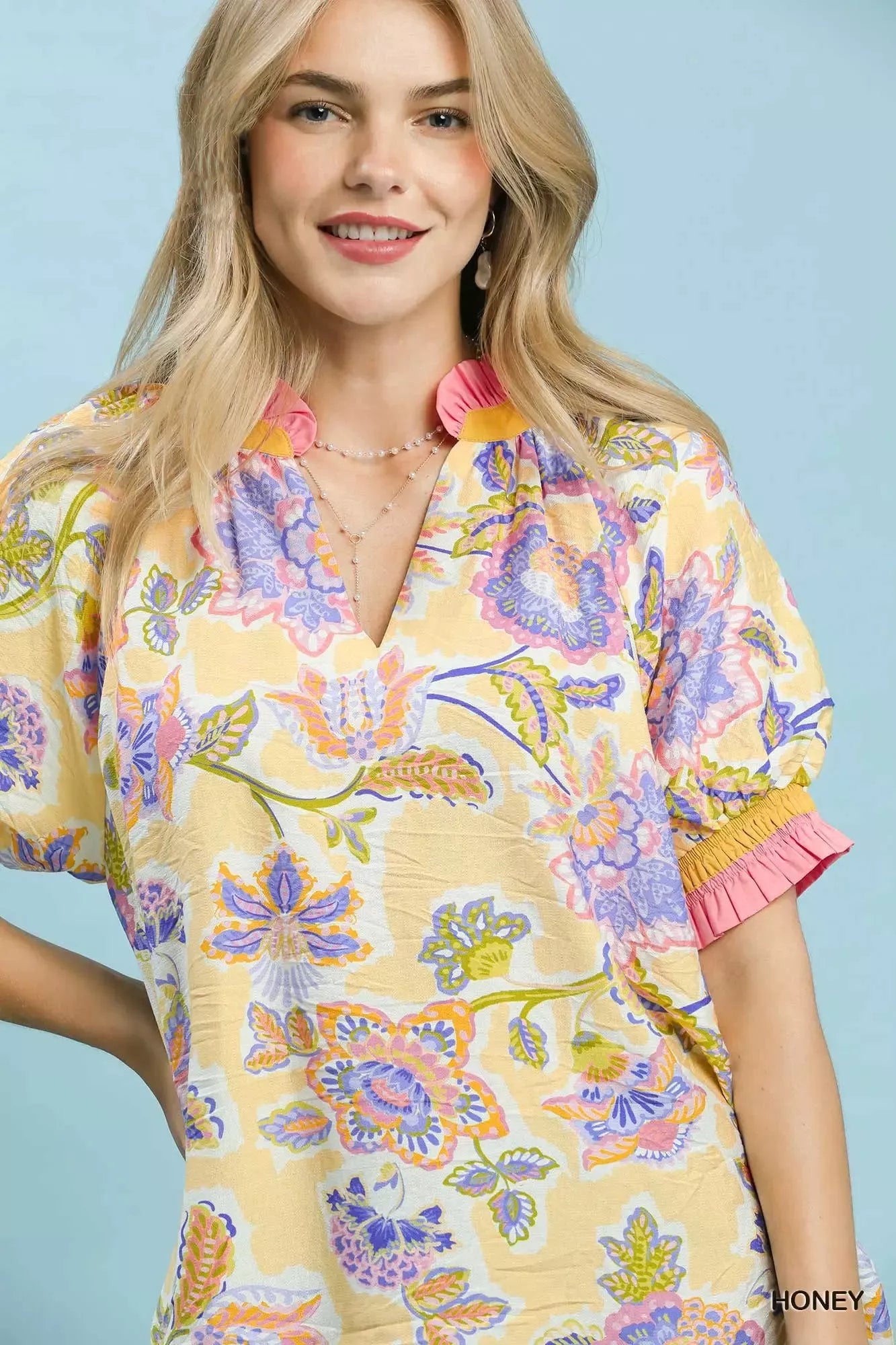 Umgee Floral Print Ruffled Short Sleeve Top - Glamourous Grace
