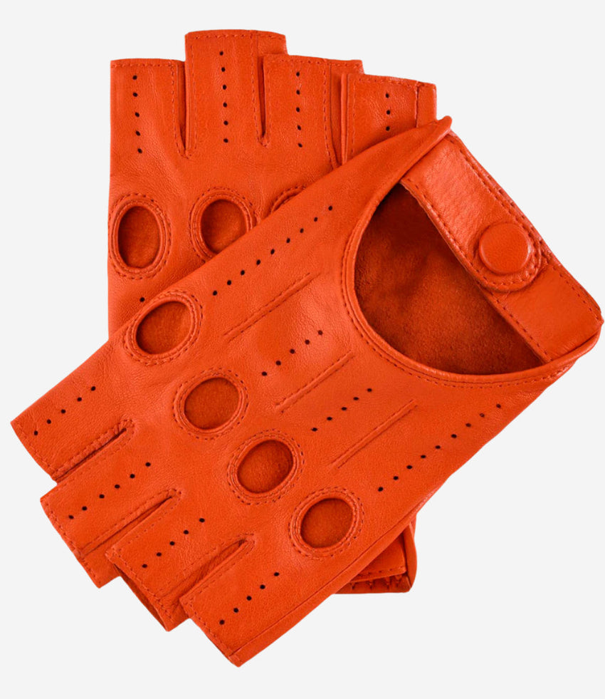 Rossana (orange) - Italian fingerless lambskin leather driving gloves - Glamourous Grace