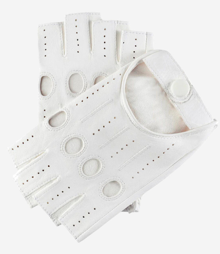 Rossana (white) - Italian fingerless lambskin leather driving gloves - Glamourous Grace