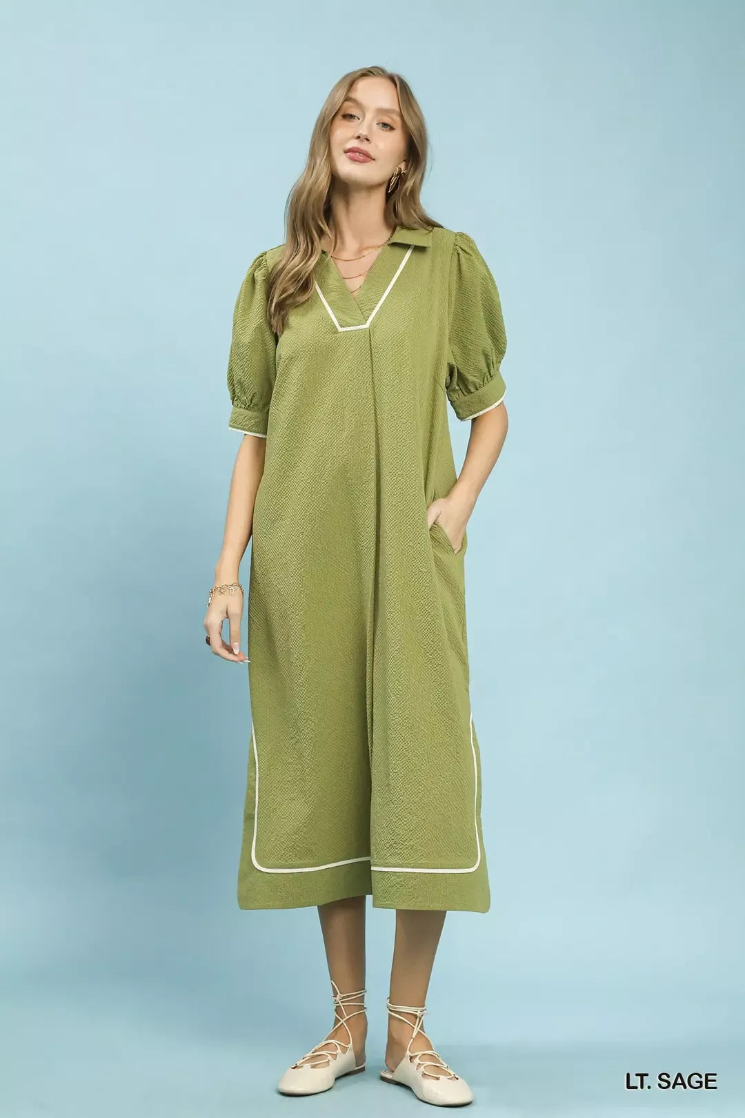 Umgee Seersucker Midi Dress with Contrast Trim - Glamourous Grace