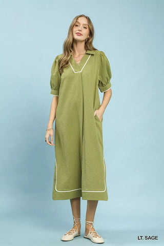 Umgee Seersucker Midi Dress with Contrast Trim - Glamourous Grace