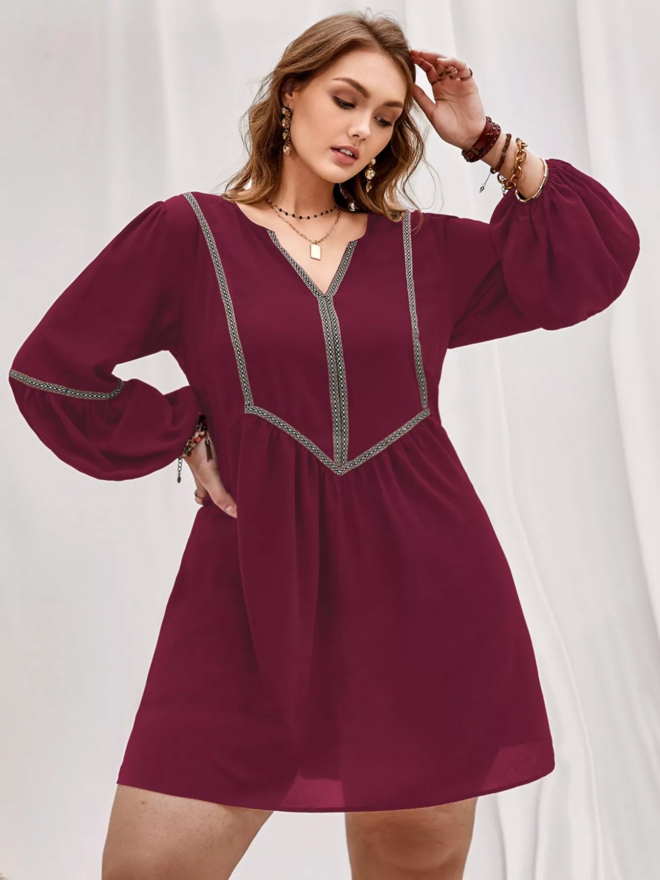 Plus Size Notched Balloon Sleeve Mini Dress - Glamourous Grace