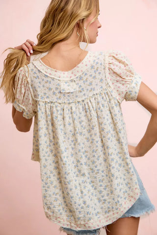 BiBi Floral Crinkle Neckdrop Short Sleeve Blouse Top - Glamourous Grace
