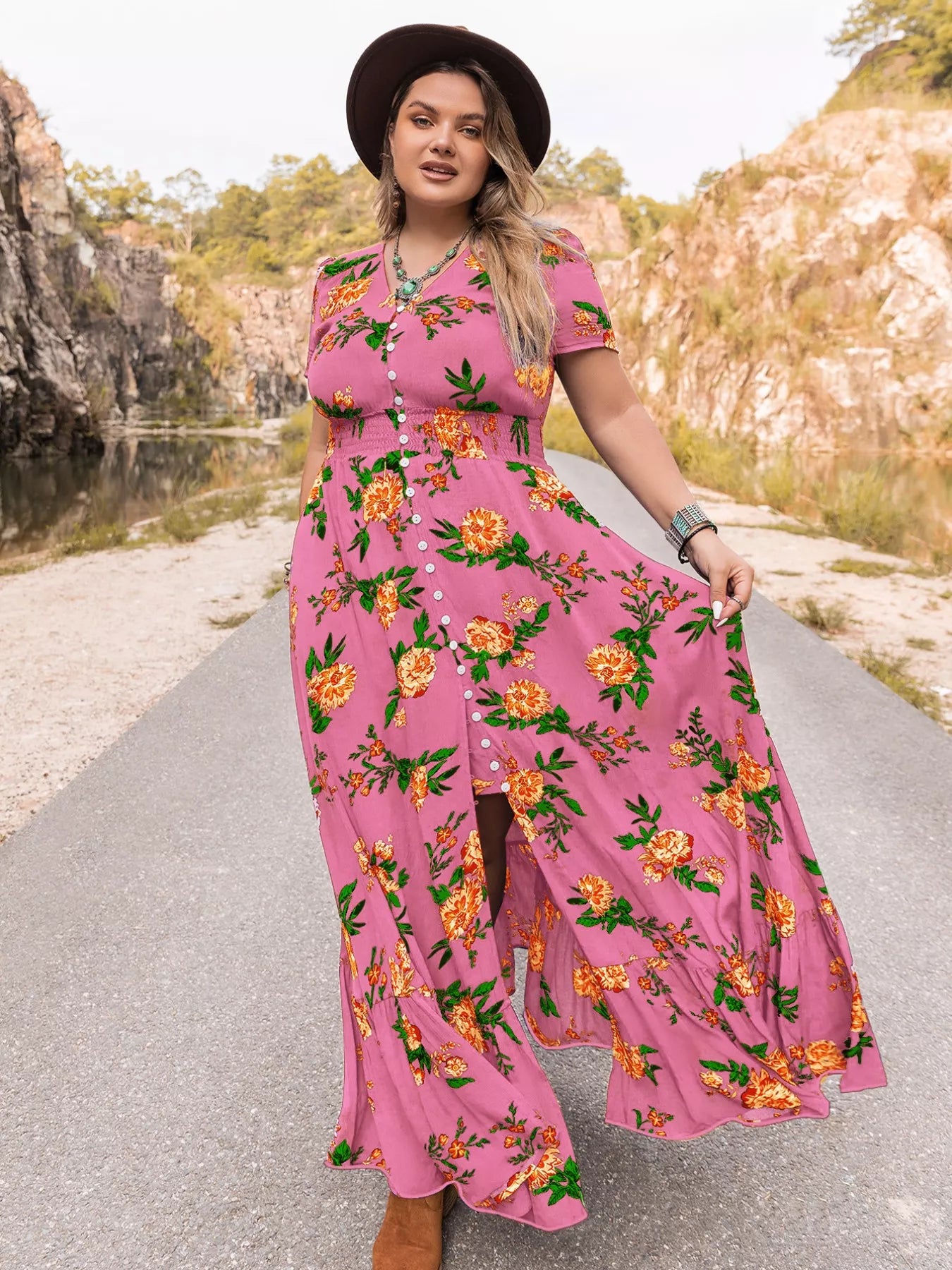 Plus Size Floral V-Neck Short Sleeve Maxi Dress - Glamourous Grace