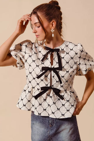 SO ME Bow Texture Woven Peplum Top With Contrast Tie - Glamourous Grace