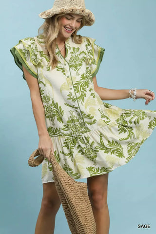Umgee Toile Print Button-Front Placket Mini Dress with Dropped Ruffle Hem - Glamourous Grace