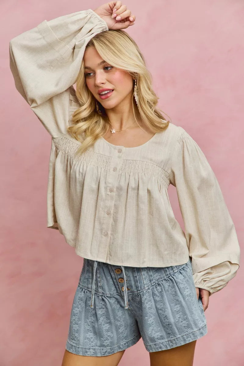 SO ME Linen Blend Woven Long Sleeve With Smocking Top - Glamourous Grace