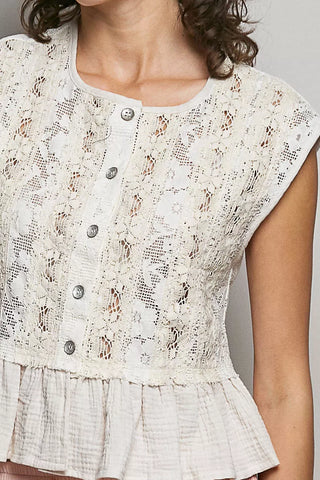 POL Round Neck Lace Sleeveless Top with Double Gauze Ruffle - Glamourous Grace