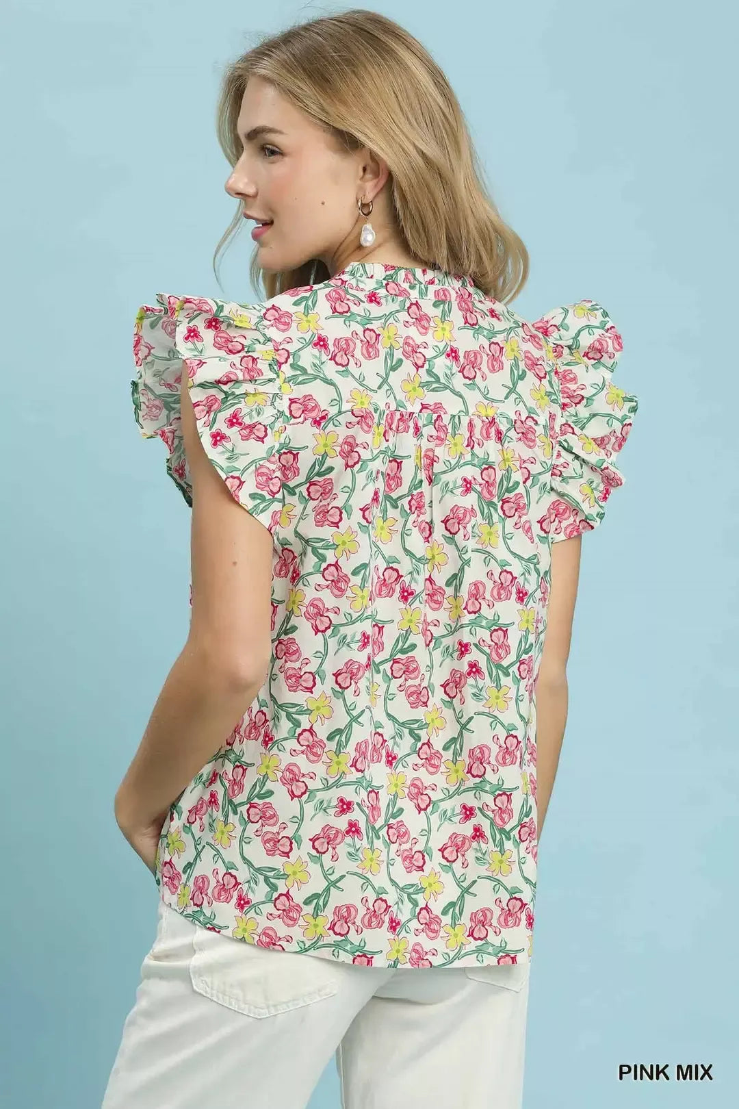 Umgee Floral Print Ruffle  Cap Sleeve Shirt - Glamourous Grace